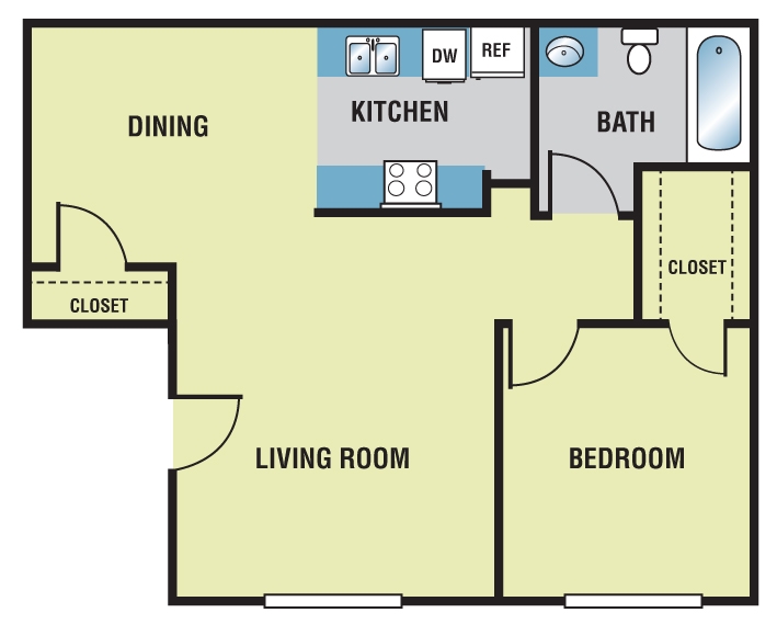 One Bed, One Bath, 625 sq ft