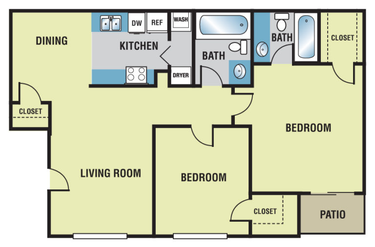 Two Bed, Two Bath, 889 sq ft